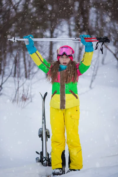 Portrait Girl Skier Snowy Mountain Ski Resort Active Confident Caucasian — Stock Photo, Image