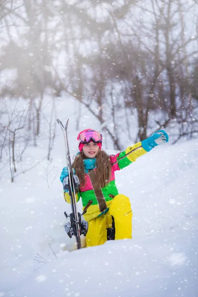 Portrait Girl Skier Snowy Mountain Ski Resort Active Confident Caucasian — Stock Photo, Image