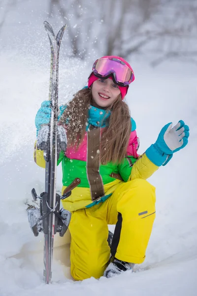 Portrait Girl Skier Snowy Mountain Ski Resort Active Confident Caucasian — Stock Photo, Image