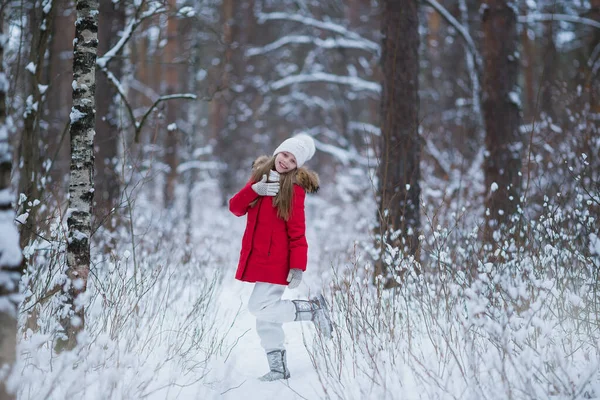 Menina Bonita Vestindo Jaqueta Vermelha Chapéu Malha Jogando Parque Inverno — Fotografia de Stock