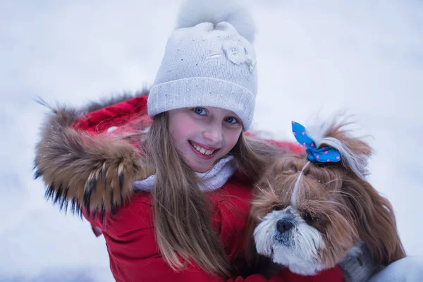 Winterporträt Eines Mädchens Mit Einem Shih Tzu Hund — Stockfoto
