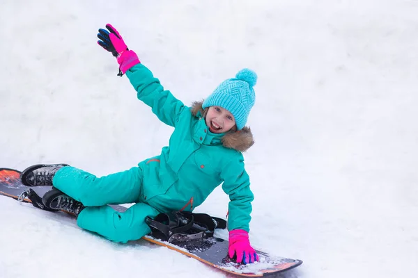 Cute Child Girl Snowboarding Snow Mountain — Stock Photo, Image