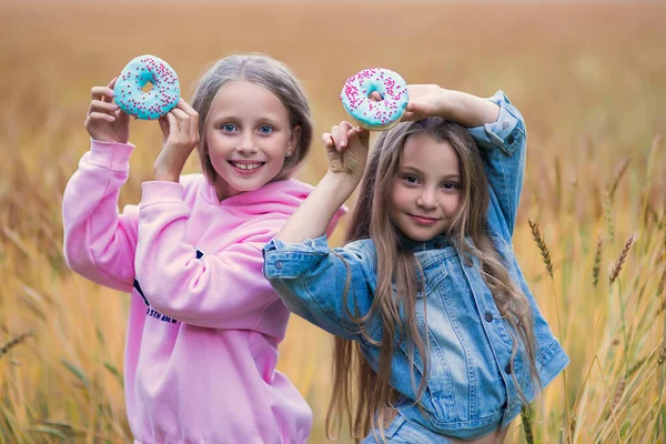 Zwei Fröhliche Mädchen Sommer Auf Dem Feld Essen Donuts Freundinnen Stockbild