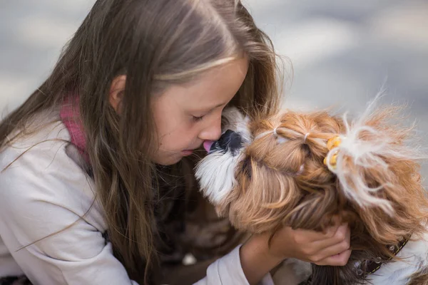 Ragazza Baciare Abbracci Cane Animale Domestico Carino Adorabile Cane Rosso — Foto Stock