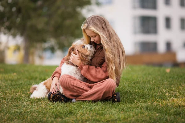 Portret Van Mooi Tiener Meisje Aaien Knuffelen Shih Tzu Hond — Stockfoto