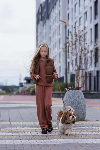 Ein Süßes Mädchen Überquert Die Straße Auf Einem Fußgängerüberweg Mit — Stockfoto