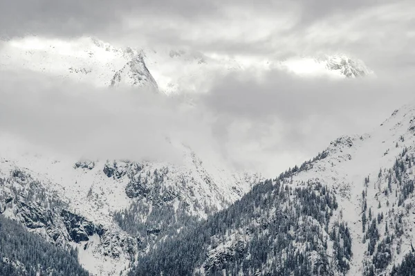 マドンナ カンピリオ トレンティーノ アルト アディジェ イタリア ドロマイト雪に覆われた山々と雪の空 — ストック写真
