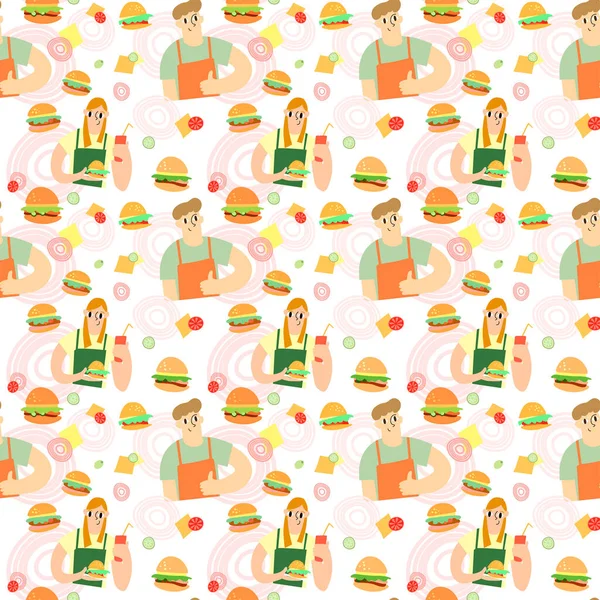 Vector seamless pattern. Various hamburgers, a young girl, a young man in a green apron, onion rings, slices of cheese, tomatoes, cucumbers, olives. For printing on fabric, packaging design