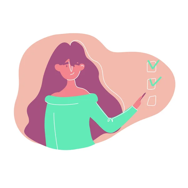 Ein nettes Mädchen in grüner Bluse notiert Pläne. Vektorflache Illustration — Stockvektor