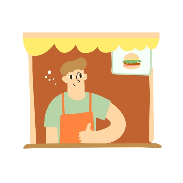 Der junge Mann im Burgerregal hebt den Daumen. Burger-Verkäufer. Vektorflache Illustration — Stockvektor