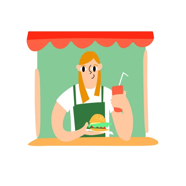 Una linda joven en un delantal verde vende una hamburguesa y una bebida en el mostrador. Vendedor de comida rápida. Ilustración plana del vector — Archivo Imágenes Vectoriales