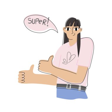 Güzel bir genç kız başparmağını kaldırır ve 