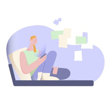 Mavi bir yatakta genç bir kız yastığa eğilip telefona bakıyor. Mor renkler. Vektör düz resimleme