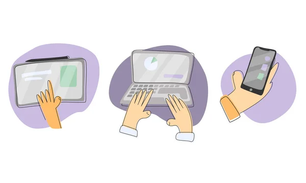 Три типи пристроїв - планшет, ноутбук і телефон. Руки використовують різні пристрої. Векторні плоскі ілюстрації ізольовані на білому тлі — стоковий вектор