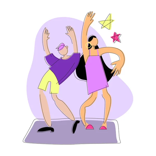 Un chico joven y una chica están bailando alegremente en una pista de baile púrpura. Brillantes colores amarillo violeta. Ilustración plana vectorial aislada sobre fondo blanco — Vector de stock