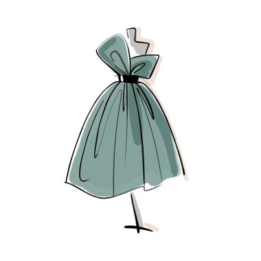 Mankenin üzerinde turkuaz bir elbise. Doğrusal grafikler. Beyaz arka planda resim. Kartpostallar ve kartvizitler için