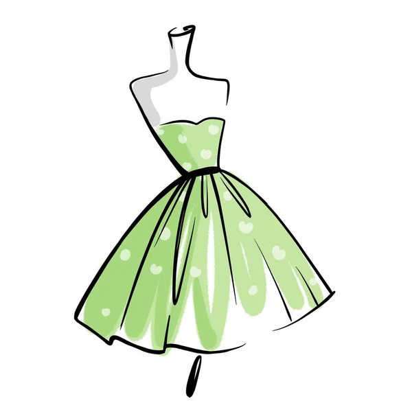 Grünes Kleid mit weißen Tupfen auf einer Schaufensterpuppe. Lineare Grafik. Illustration auf weißem Hintergrund. Für Postkarten und Visitenkarten — Stockfoto