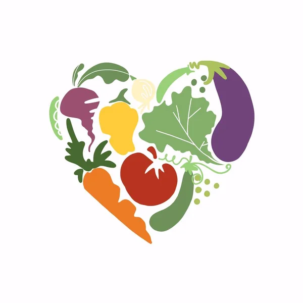 心の形で異なる野菜。トマト、レタス、ナス、ニンジン、玉ねぎ、ピーマン、エンドウ豆。白を基調とした平面図 — ストック写真