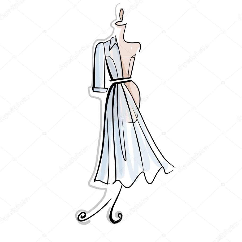 Blue dress on a mannequin. Linear graphics. Illustration on white background. For postcards and business cards