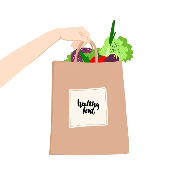 Mano tiene un sacchetto di carta con verdure. Cibo sano. Illustrazione su sfondo bianco — Foto Stock