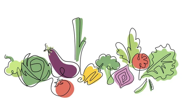 Лінія різних овочів. Кабачки, капуста, баклажани, перець, брокколі, цибуля, салат. Лінійна графіка. Ілюстрація на білому тлі — стокове фото