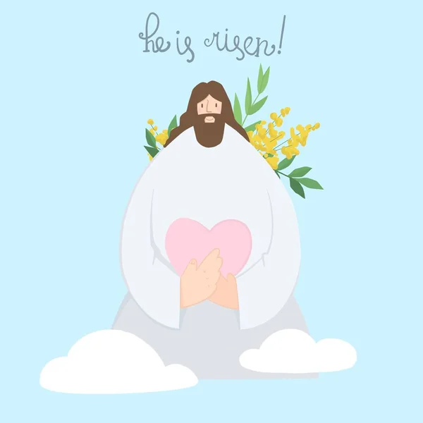 Χαριτωμένη απεικόνιση του Ιησού Χριστού κρατώντας μια καρδιά στα χέρια του στο φόντο του ουρανού και των νεφών — Φωτογραφία Αρχείου