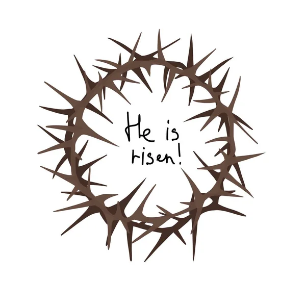 A brown cross of thorns with an inscription. He is risen. Flat illustration isolated on white background — Stock Photo, Image