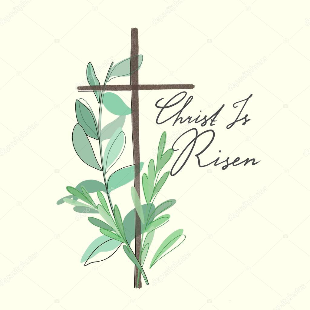 Christian cross with the inscription. Green blossoming branch. Easter holiday background