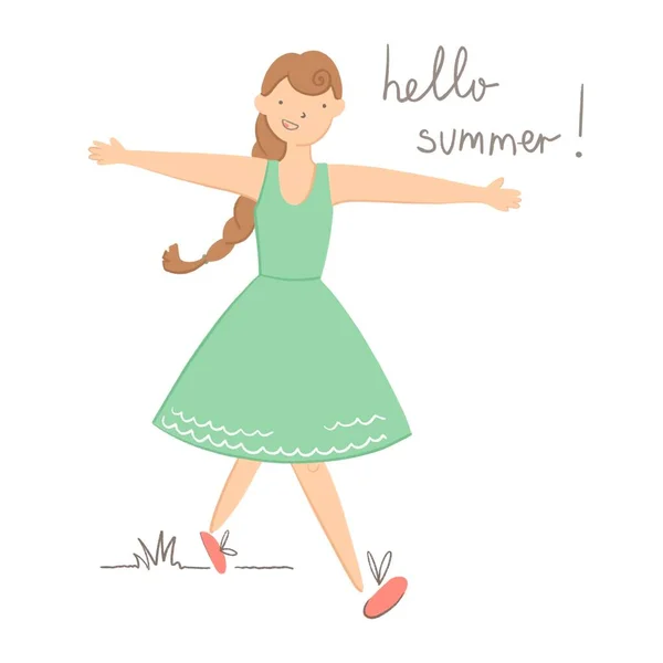 Una giovane ragazza sorridente con un vestito verde corre con le braccia tese verso l'estate. Ciao estate. Illustrazione piatta isolata su sfondo bianco. — Foto Stock