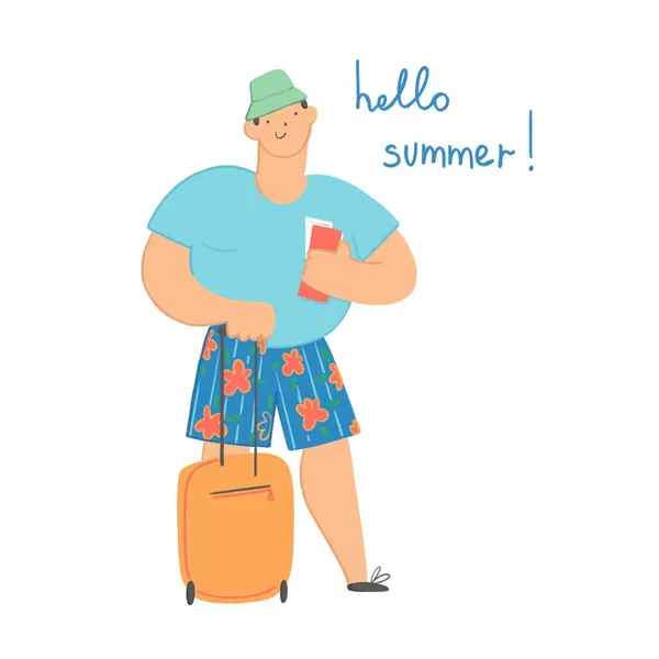 Un buffo grassoccio con una valigia arancione su ruote tiene i biglietti in mano. Ciao estate. Illustrazione piatta isolata su sfondo bianco. — Foto Stock