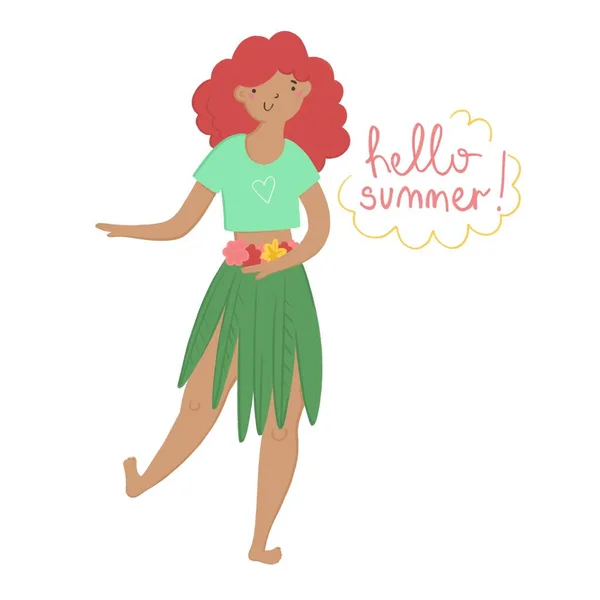 En söt lockig tjej i en kjol gjord av löv dansar. Hej sommar. Platt illustration på vit bakgrund. — Stockfoto