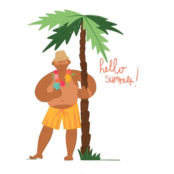 パナマ帽の太い日焼けした男はカクテルを保持し、ヤシの木を抱擁します。夏だ。白を基調とした平面図. — ストック写真