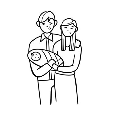 Mutlu ebeveynler bir çocuğu kollarına alır. Bir aile. Beyaz arkaplanda doğrusal resimleme.