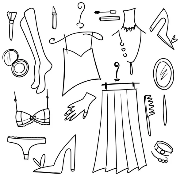 Lindo doodle conjunto de ropa de mujer y accesorios. Top, falda, ropa interior, zapatos, espejo, joyas, medias largas, peine, tinta —  Fotos de Stock