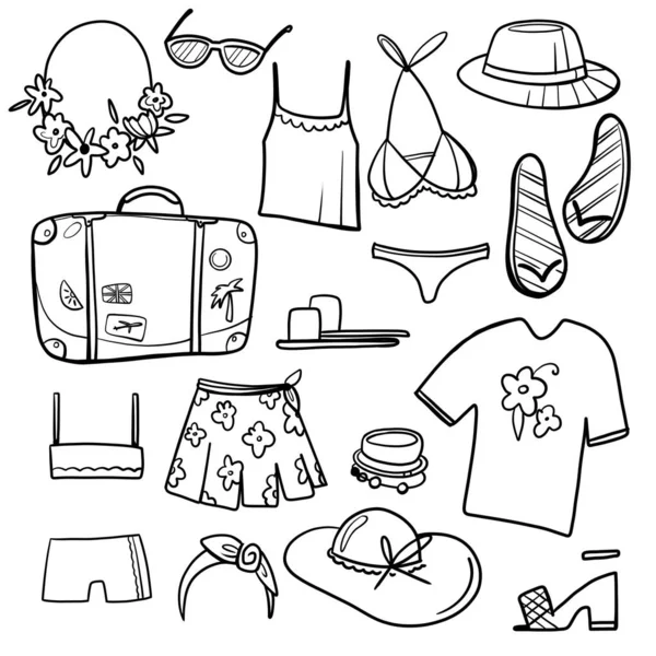 Σύνολο τουρισμού περιπέτειας, ταξίδια, καλοκαιρινές διακοπές, ρούχα και αξεσουάρ που απομονώνονται σε λευκό φόντο. Γραμμική εικόνα. Βαλίτσα, μαγιό, καπέλο, γυαλιά ηλίου, ρούχα, αξεσουάρ. — Φωτογραφία Αρχείου