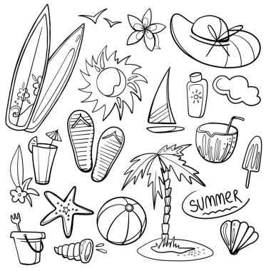 Seyahat seti, yaz tatilleri beyaz arka planda izole edilmiş. Doğrusal görüntü. Yaz aksesuarları. Sörf tahtası, palmiye ağacı, hindistan cevizi, kabuk, güneş, yelkenli, top.