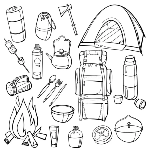 Set of hiking supplies and accessories. Linear image. Tent, fire, mat, compass, lantern, ax, kettle, saucepan, rug, thermos. — Stock Photo, Image