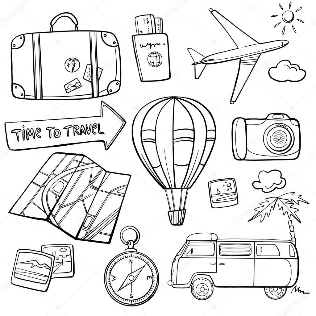 Set of adventure tourism, travel, summer vacation isolated on white background. Linear image. Suitcase, plane, balloon, map, compass, camera, tickets.