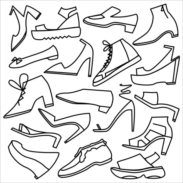 Un ensemble de chaussures pour femmes de différentes formes et styles. Illustration plate vectorielle linéaire. — Image vectorielle