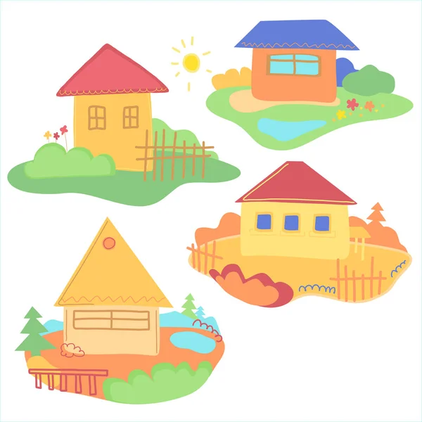 Farklı şekillerde parlak, basit evler. Vektör düz resimleme. — Stok Vektör