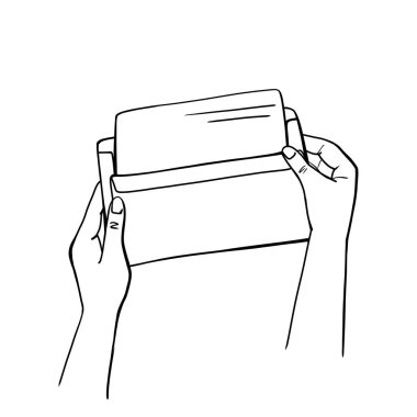 Ellerinde bir mektup olan kağıt bir zarf var. Doğrusal resim.