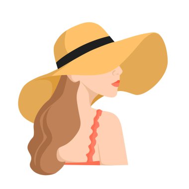 Mayolu, yaz şapkalı genç bir kız. Yüz profili. Düz vektör resmi beyaz arkaplanda izole edildi.