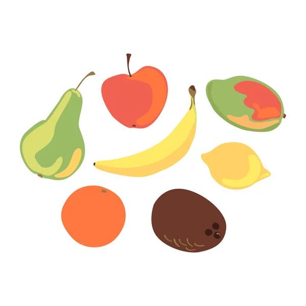 Різні яскраві фрукти. Яблуко, груша, банан, апельсин, кокос, манго, лимон. Плоска векторна ілюстрація ізольована на білому тлі . — стоковий вектор