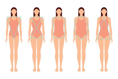 Different types of female figures, five examples. Womens silhouettes, geometric shapes. Vector flat illustration isolated on white background clipart