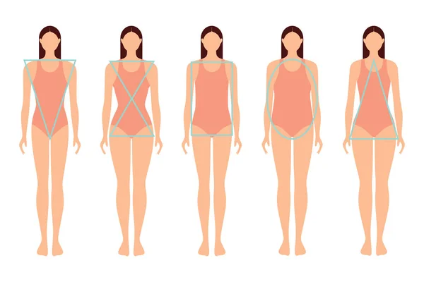 Diferentes tipos de figuras femininas, cinco exemplos. Sílhuetas femininas, formas geométricas. Ilustração plana vetorial isolada sobre fundo branco —  Vetores de Stock