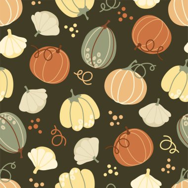Cute pumpkins of different shapes on a green background. Vector seamless pattern