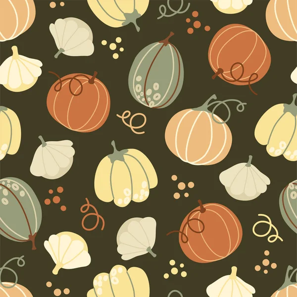 Cute pumpkins of different shapes on a green background. Vector seamless pattern