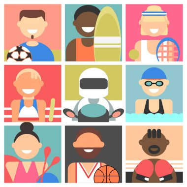 Yaz sporları. Gülümseyen sporcular. Sporcuların şirin ikonlu portreleri. Rüzgâr düz çizimi beyaz arkaplanda izole edildi