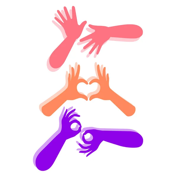 手は異なるジェスチャーを示しています。国際手話の日。平面ベクトル図 — ストックベクタ