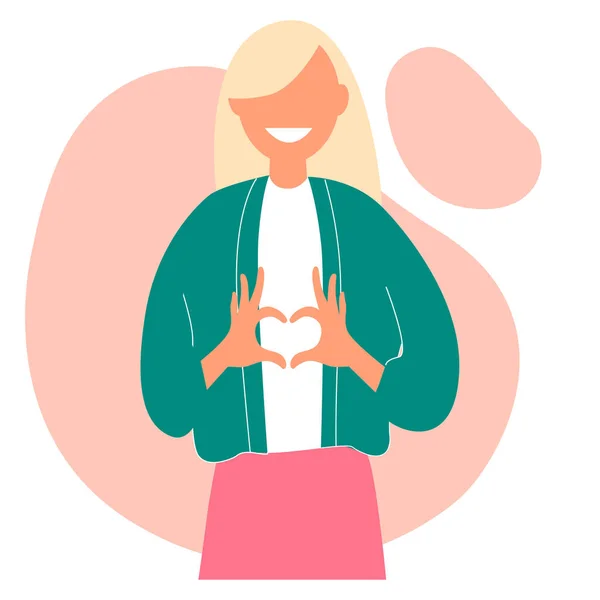 Une jeune femme souriante montre un cœur avec ses mains. Illustration vectorielle plate isolée sur fond blanc — Image vectorielle